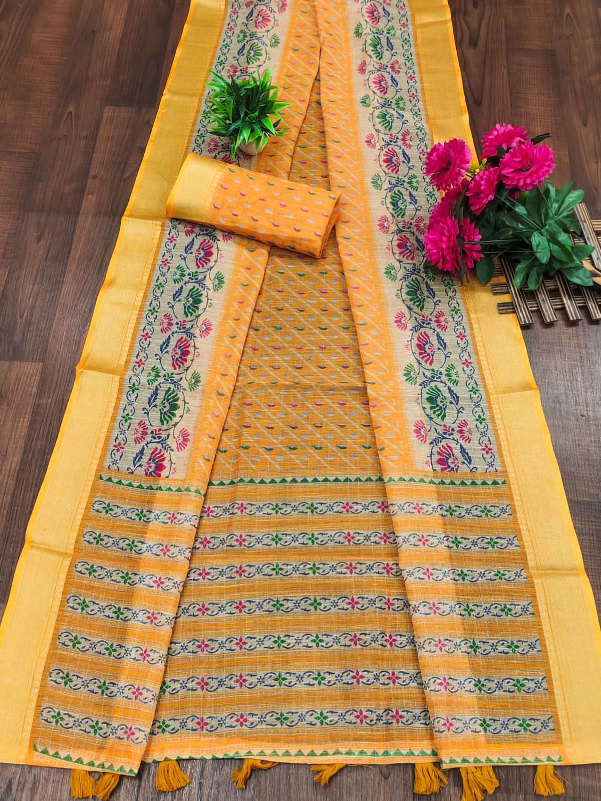 Soft cotton Checks linen fabric Saree With block Print In regular wear Saree wholesale in surat vrinda Soft cotton Checks linen fabric Saree With block Print In regular wear Saree wholesale in surat vrinda